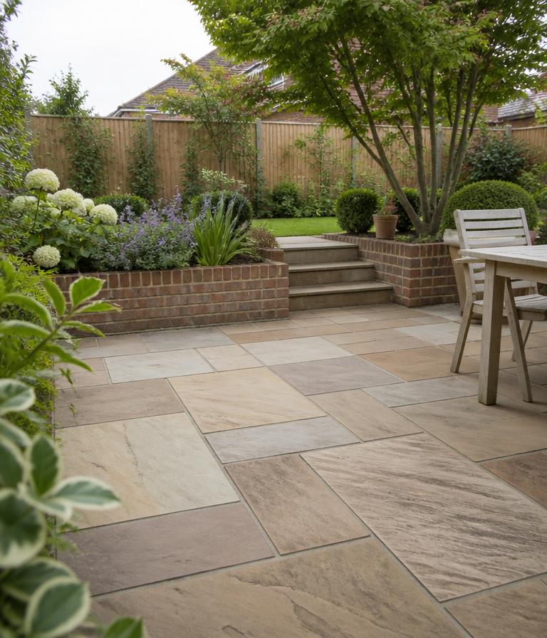 Paved patio with garden furniture