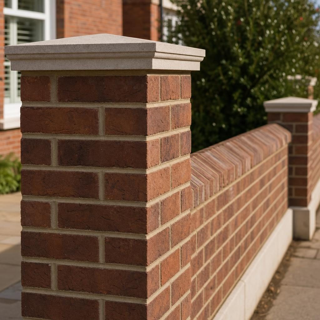 Brick garden wall with stone-capped piers and coping