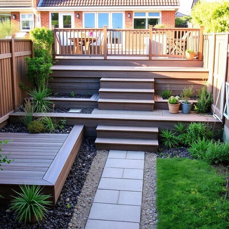 Decked garden area with steps and paved path