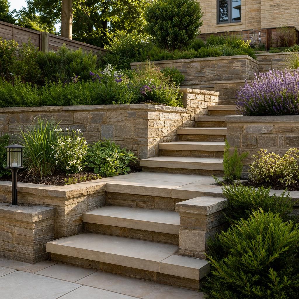 Natural stone garden steps and retaining walls