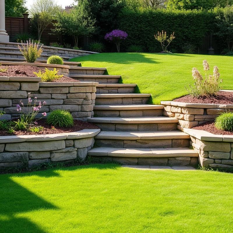 Natural stone garden steps and retaining walls